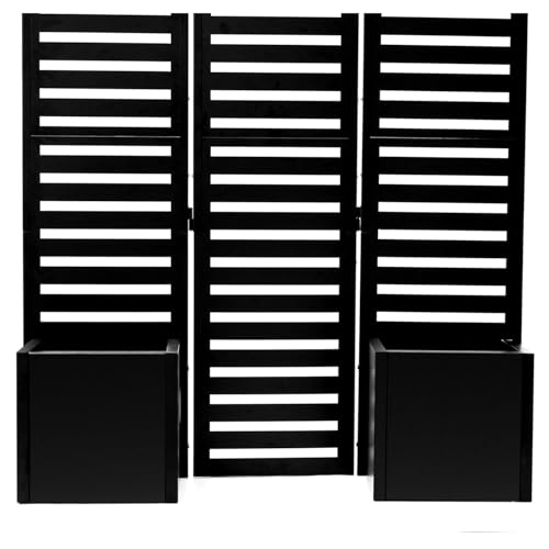 TrailBlaze 3-Panel Freestanding Metal Planter Box with 4 Raised Self-Draining Beds & Trellis – Weatherproof Outdoor Privacy Screen Divider for Patio, Deck, Backyard – 51x70x31 Inch – Black