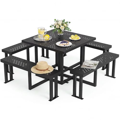 DWVO 38" Square Metal Picnic Table with Umbrella Hole