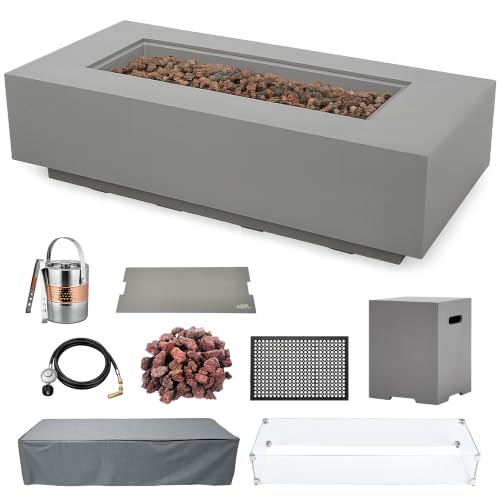 AMS 60" Rectangular Concrete Propane Gas Fire Pit Table Bundle (Light Gray)