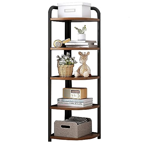 KAJIAO 3-Tier/4-Tier/5-Tier Corner Bookshelf, Industrial Black Metal Corner Ladder Shelf with Metal Frame, Corner Storage Rack Plant Stand for Living Room, Bedroom, Balcony(5tier)