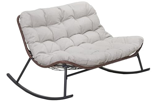 WEALTHOUSE Double Wide Rocking Loveseat Outdoor Egg Chair with Plush Dual Layer Cushions, PE Rattan Frame, 2 Person Rocker Lounge Seat for Patio Garden Balcony Backyard Porch Poolside Relaxation