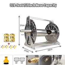 Heavy Duty Stainless Steel Garden Hose Reel With10 Pattern Hose Nozzle, Wall Mount/Floor Water Hose Storage Rack, 328-Feet 1/2 Inch Hose Capacity (35m Hose)