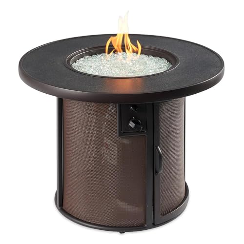 Outdoor GreatRoom Co Propane Fire Pit Table - Stonefire Gas Fire Pits for Outside Patio - 31" Round Composite Firepit Fire Table, Matching Tabletop Cover, Aluminum Frame Mesh Base, 55,000 BTU - Brown