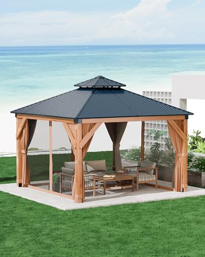 GAOMON Hardtop Spruce Wood Gazebo 12'x12' Khaki