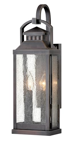 Hinkley Revere Two Light Wall Mount Outdoor Coach Lantern, Brass, Clear Seedy Glass Panels, Faux Candle Sleeves- Blackened Brass Finish