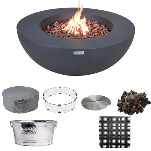 Elementi Lunar Bowl Dark Grey Fire Pit Bundle Outdoor Firepit Set Includes 42” Natural Gas Concrete Firepit, Glass Windscreen, Stainless Steel Cover, Canvas Cover, Floor Mat and Beverage Tub