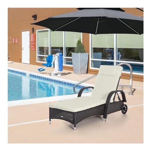 UOPYNE Outdoor Sofa, Patio PE Wicker Chaise Lounge with Wheel, Outdoor Cushioned Wicker Chaise Lounger with Adjustable Backrest, Adjustable Sun Lounger for Outside Sunbathing Camping Pool Beach