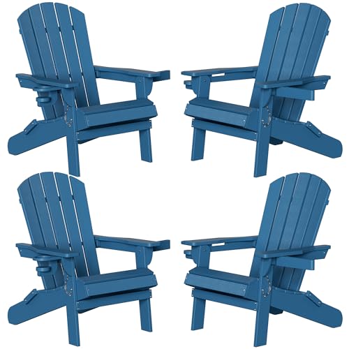 Shintenchi Folding Adirondack Chairs Set of 4,HDPE All-Weather Patio Chairs with Cup Holder & Phone Holder,Wooden Textured Fire Pit Chairs for Patio,Outside,Deck,Backyard,Blue