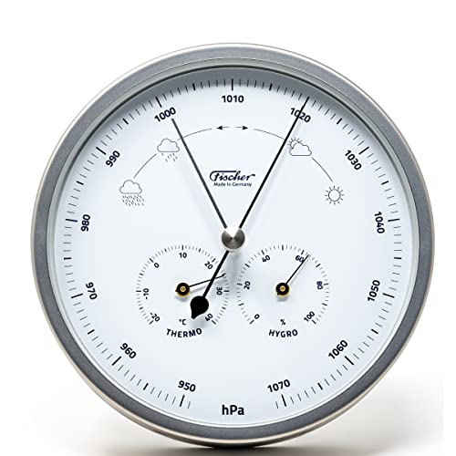 Fischer 1602-01 Outdoor Weather Station - 160 mm Thermometer, Barometer, Hygrometer - Stainless Steel, White Dial, Made in Germany