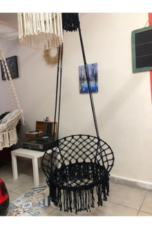 Macrame Hammock Swing Chair, Black, One Size, Handmade Twisted Rope, 220.5 lb Capacity, 23.6 x 31.5 inches Seat/Back, 70.9 inches Rope, Modern Style, Indoor/Outdoor Use
