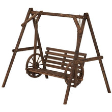 2-Seat Porch Swing with A-Frame Stand, Wooden Log Patio Swing Chair with Wagon Wheel Armrests, Adjustable Height, Gentle Swing Motion, Heavy Duty Fir Wood, 550 lbs Capacity for Garden Yard Deck