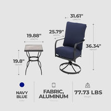 Four Seasons Courtyard Brookfield 3 Piece Deep Seating Outside Furniture Set of 2 Swivel Rocker Patio Chairs, Olefin Cushions, and Tile Table, Navy