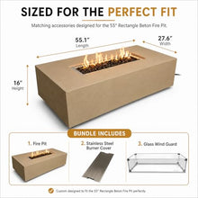 Golden Flame 55" Rectangle Beton Concrete GFRC Gas Fire Pit Bundle with Stainless Steel Burner Cover & Glass Wind Guard, 65,000 BTU Outdoor Fire Table, Push Button Ignition, Lava Rock Included - Sand
