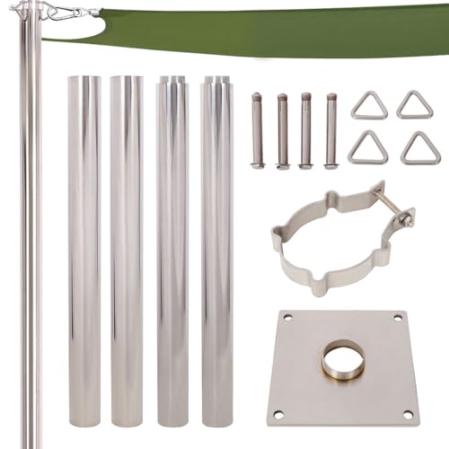 LMAOSS 12FT Stainless Steel Shade Sail Pole with Base Plate, Heavy Duty 304 Sun Shade Sail Post for Patio Garden Backyard Canopy Installation with Adjustable Clamp Rings