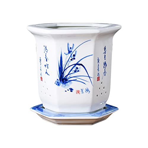 FAFACAI Blue and White Porcelain Flowerpot Chinoiserie Jingdezhen Home Garden Planter Hand Drawn Orchid Pattern Plant Pot with Drainage Hole and Tray for Indoor Outdoor Gardening Plants
