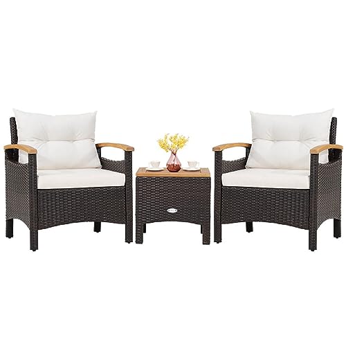 DUYHBAWRS 3PCS Patio Rattan Furniture Set Wooden Armrest Table Top Cushioned Deck