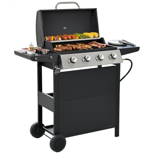 EUHOME 4-Burner Stainless Steel Gas Grill | 34,000 BTU Total Output & 421 sq.in Cooking Area | Powerful Even-Heat System for Large Family BBQs & Backyard Parties