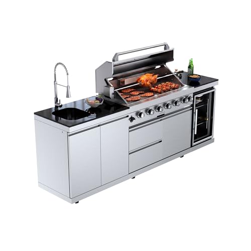 96-Inch Outdoor Kitchen Island Grill, 6-Burner 85,000 BTU Stainless Steel BBQ with Refrigerator, Sink, Rotisserie Kit, Granite Countertops & Storage Cabinets (Silver)