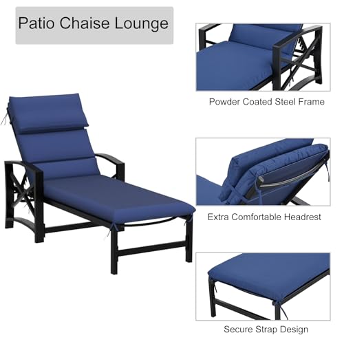 LOKATSE HOME Patio Chaise Lounge Chairs Set of 4 Adjustable with Cushion and Pillow Blue