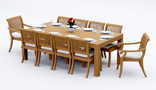 WholesaleTeak 10 Seats 11 Pcs Grade-A Teak Wood Dining Set: 86" Canberra Rectangle Table and 10 Arbor Stacking Chairs (2 Arm & 8 Armless Chairs) #11AB1902