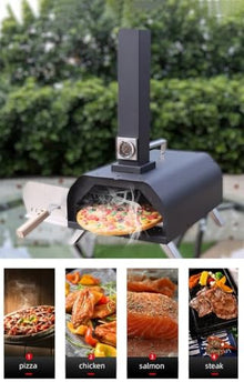 Outdoor Wood Pellet Pizza Oven, Pizza Maker with Rotating Pizza Stone, Built-in Thermometer, Foldable Legs, and Removable Chimney for Backyard, Camping, and BBQ (11" Stainless Steel Pellet Pizza Oven)