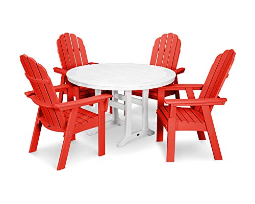 Polywood Vineyard Adirondack 5-Piece Nautical Trestle Dining Set Sunset Red/White