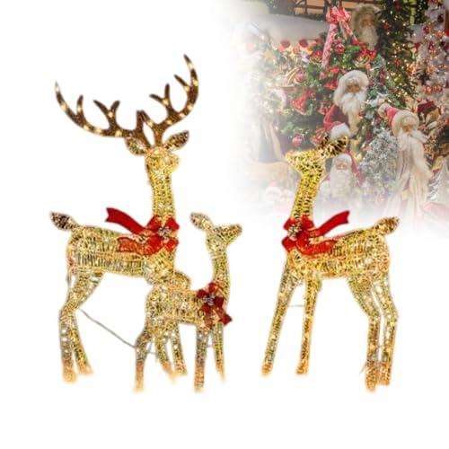 3Pcs Large Lighted Reindeer Christmas Decorations, 3D Yard Deer Decor Family Set for Indoor or Outdoor Yard Art- with Warm White LED Lights,Ground Stakes,Zip Ties 3
