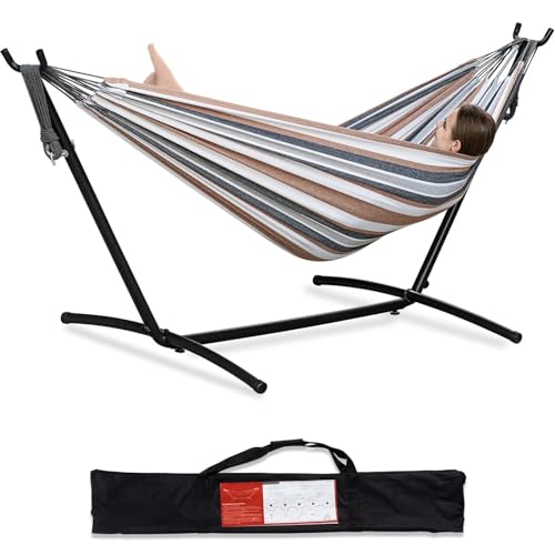 TJYBD Ultimate Comfort Double Hammock with SpaceSaving Steel Stand Heavy Duty Weatherproof and Portable Perfect for Outdoor Patios Gardens Travel (Coffee), 02486
