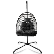 Hanging Swing Egg Chair with Stand, Indoor Outdoor Wicker Rattan Patio Basket Hanging Chair, Metal Frame Hammock Chair Cushion and Pillow, Patio Wicker Folding Hanging Chair, 350LBS Capacity
