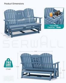 SERWALL 3 Person Glider Bench with iPad Placement and Cup Holder,Navy