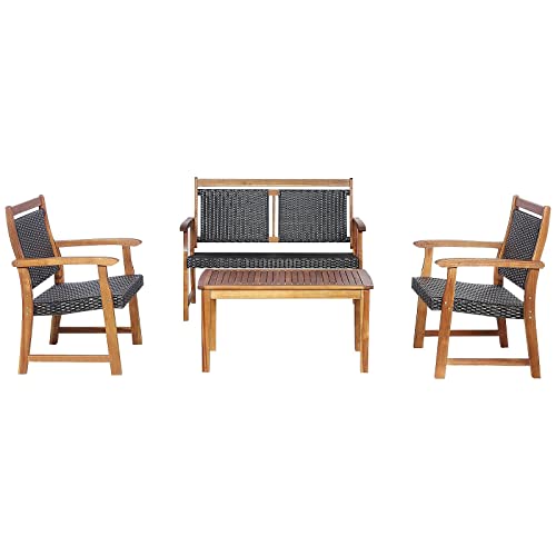 4 PCS Patio Rattan Furniture Set Acacia Wood Frame Sofa Loveseat Garden Single Sofa, Onesize