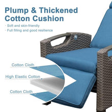 Navy Blue Outdoor Recliner Chair with Hand-Woven Wicker, Adjustable Angle Flip Table, Thick Cushions for Patio, Garden & Poolside