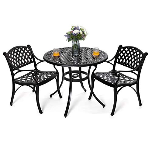 NUU GARDEN 3 Piece Outdoor Bistro Set Cast Aluminum Patio Set Bistro Table Set Rustproof Patio Table and Chairs with Umbrella Hole for Backyard, Balcony, Front Porch, Lawn, Pool, Black