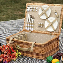 Storage Basket,Wicker Picnic Sets for 4 Persons, Outdoor Hand Woven Fruit with Utensils Cutlery, for Family, Party, Camping