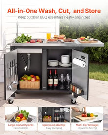 VEVOR Outdoor Grill Cart with Sink and Storage Cabinet, 52 Inch Grill Table, Waterproof Kitchen Island with Stainless Steel Top, Spice Rack, Wheel, Movable Food Prep Station for Patio Bar Backyard BBQ