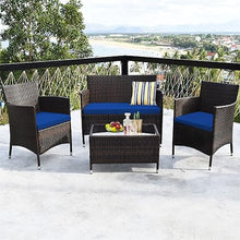 DUYHBAWRS 4PCS Patio Rattan Furniture Set Solid Wood Leg Cushioned Sofa Garden Lawn