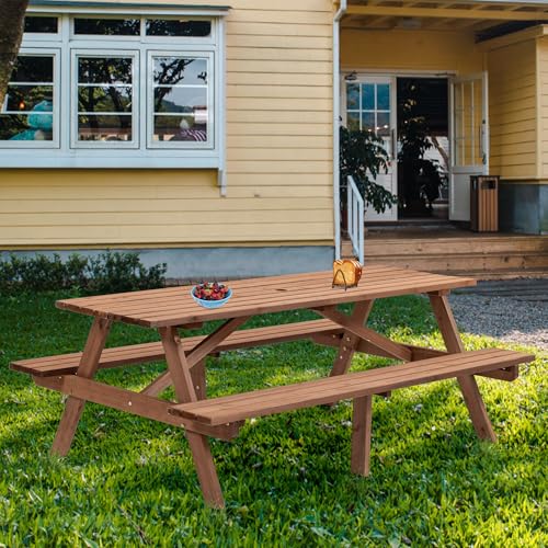 YOPTO 8 Person Wood Picnic Table with 2 Built-in Benches and Umbrella Hole, Outdoor Rectangular Camping Dining Table with 2 Seats,for Garden, Backyard, Porch, Patio,Brown