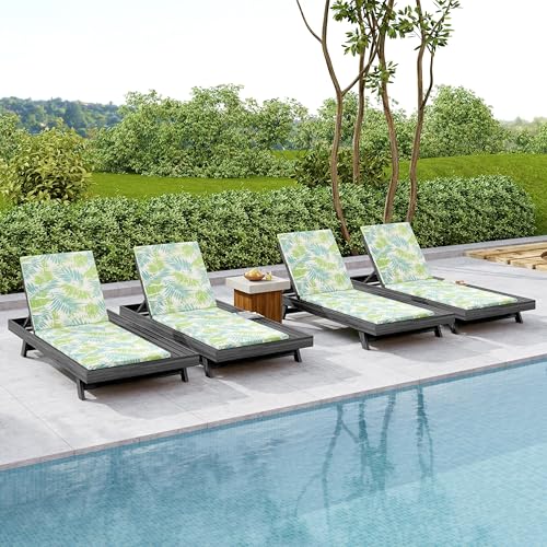 Merax Acacia Wood Chaise Lounge Chair Outdoor Set of 4, Patio Recliner with 4 Position Adjustable Backrest and 1.57" Thick Double-fold Cushion