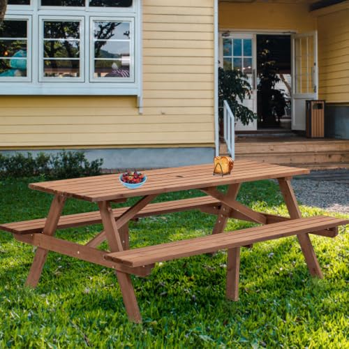 AMZXPLORE 8-Person Wooden Picnic Table, 75 Inch Rectangular Outdoor Dining Table with 2 Built-in Benches and 2 Inch Umbrella Hole, Solid Fir Wood Table for Patio Backyard Garden,Brown