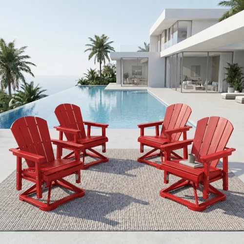 Patio Kingdom 4-Piece Adirondack Swivel Glider Chair Set, Composite HDPE Outdoor Furniture for Backyard Conversation Set, Heavy Duty All-Weather Gliding Rocker for Patio, Red