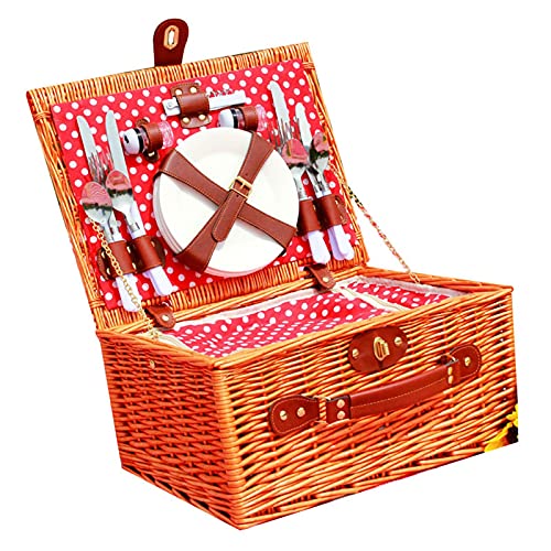 Wicker Picnic Basket Durable Picnic Hamper Set Outdoor Picnic Accessories with Cooler Compartment and Cutlery Does Not Include Knives for Outdoor Picnics