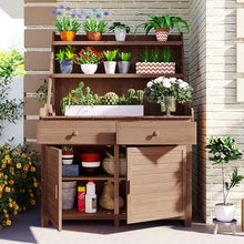 Outdoor Potting Bench Table, Wooden Gardening Table with Storage Cabinet, Drawer, Shelf, Planting Work Bench Station for Garden, Patio, Brown