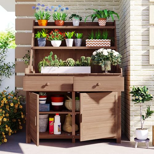 Christopher Knight Home Belfast 65"H Outdoor Potting Bench Table, Fir Wood Potting Table, Large Gardening Workstation with Storage Shelf, Garden Tools Shelf with Drawer and Cabinet for Backyard, Brown