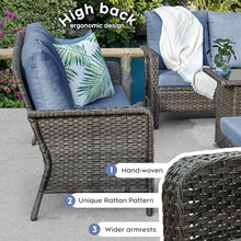 Yechen Patio Conversation Set with 44" Propane Fire Pit Table - 6 Pcs Blue Wicker Outdoor Furniture