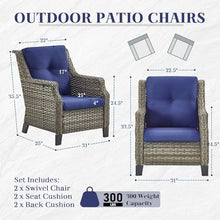 Patio Club Chair Wicker Chairs with 2 Ottomans Grey Black Mid-Century Modern Rattan Black