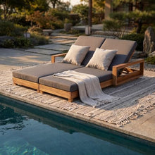 Christopher Knight Home Mari Acacia Wood Chaise Lounge Chair Outdoor, Spacious Double Outdoor Chaise Lounge With 2-Fold Cushions, 4 Position Adjustable Backrest Pool Lounger, Light Natural + Dark Grey