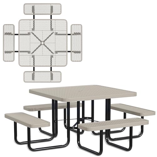 Leisure Craft 46" Square Metal Picnic Table with Bench for 8, Made in USA