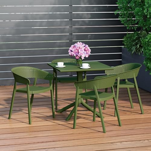 Costaelm 5-Piece Outdoor Dining Set, HDPE Patio Square Bistro Table and Stackable Chairs Sets for 4, Outdoor Furniture All Weather for Backyard Poolside, Olive Green