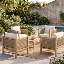 Seeheool Set of 4 Outdoor Acacia Wood Patio Chairs, Light Brown PE Wicker Woven Armchairs with Beige Cushions