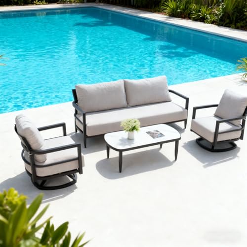 Outdoor Aluminum Patio Furniture Set with White Marble-Inspired Sintered Stone Top for Balcony, Poolside, Conversation Set with Soft Cushions and Metal Frame for Lawn (4 PCS set(rocking chair))